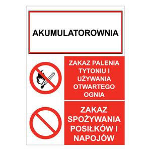 AKUMULATOROWNIA - ZAKAZ PALENIA TYTONIU... - ZAKAZ SPOŻYWANIA POSIŁKÓW..., płyta PVC 1 mm 105x148 mm