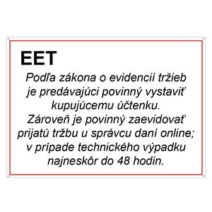 EET Elektronická evidencia tržieb - bezpečnostná tabuľka, plast s dierkami 2 mm, A4