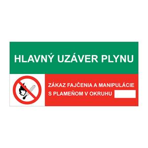 Hlavný uzáver plynu-Zákaz manipulácie s plameňom v okruhu, kombinácia, samolepka 150x75mm