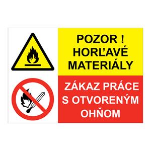 Pozor na horľavé materiály-zákaz práce s otvoreným ohňom, kombinácia, samolepka 297x210mm