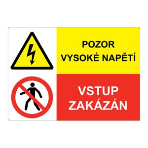 POZOR VYSOKÉ NAPĚTÍ - VSTUP ZAKÁZÁN, KOMBINACE, plast 2 mm s dírkami A4