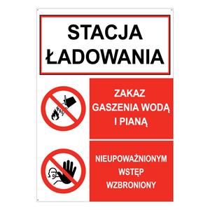 STACJA ŁADOWANIA - ZAKAZ GASZENIA WODĄ I PIANĄ - NIEUPOWAŻNIONYM..., płyta PVC 2 mm z dziurkami, 148x210 mm