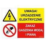 UWAGA! URZĄDZENIE ELEKTRYCZNE - ZAKAZ GASZENIA WODĄ I PIANĄ, ZNAK ŁĄCZONY, płyta PVC 1 mm 297x210mm