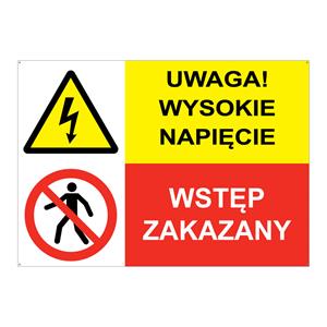 UWAGA! WYSOKIE NAPIĘCIE, - WSTĘP ZAKAZANY, ZNAK ŁĄCZONY, płyta PVC 2 mm z dziurkami, A4