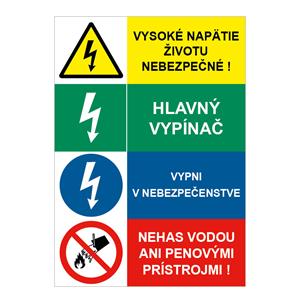 Vysoké napätie-Hlavný vypínač-Vypni v nebezpečenstve-Nehas vodou, kombinácia,plast 2mm,148x210mm